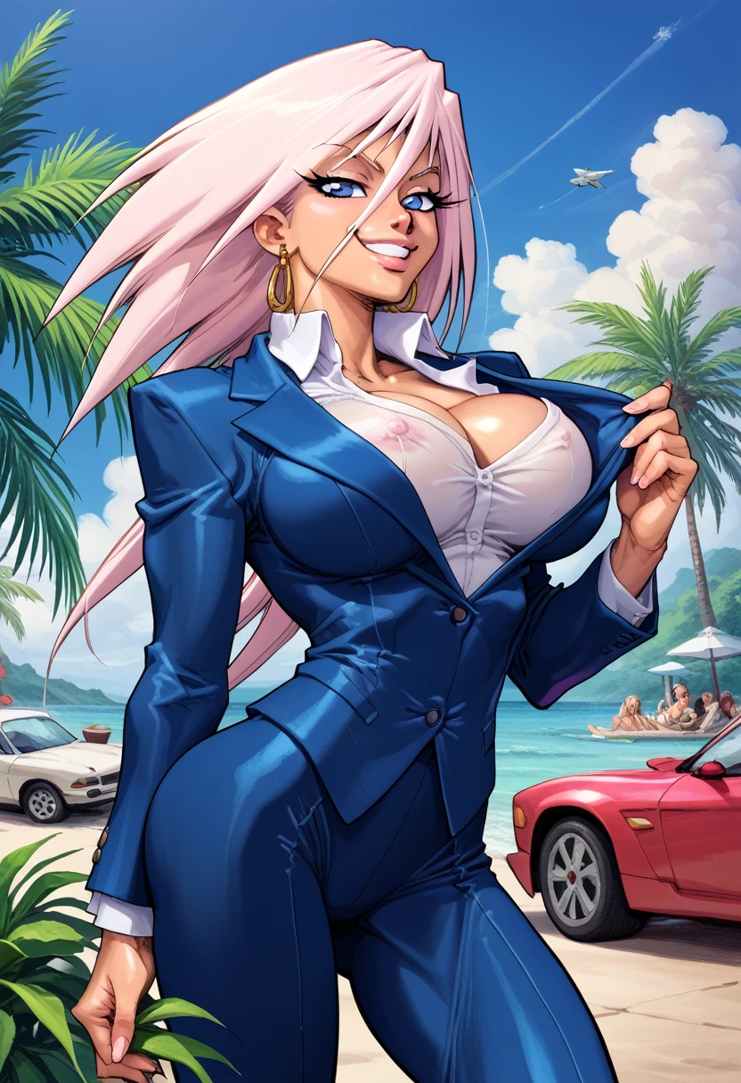 score_9, score_8_up, score_7_up, BREAK, sg_sayoko_bizen, young woman outdoors in a tropical country, torso, cowboy shot, smug, huge bust, toned, strong, mega body, suit,