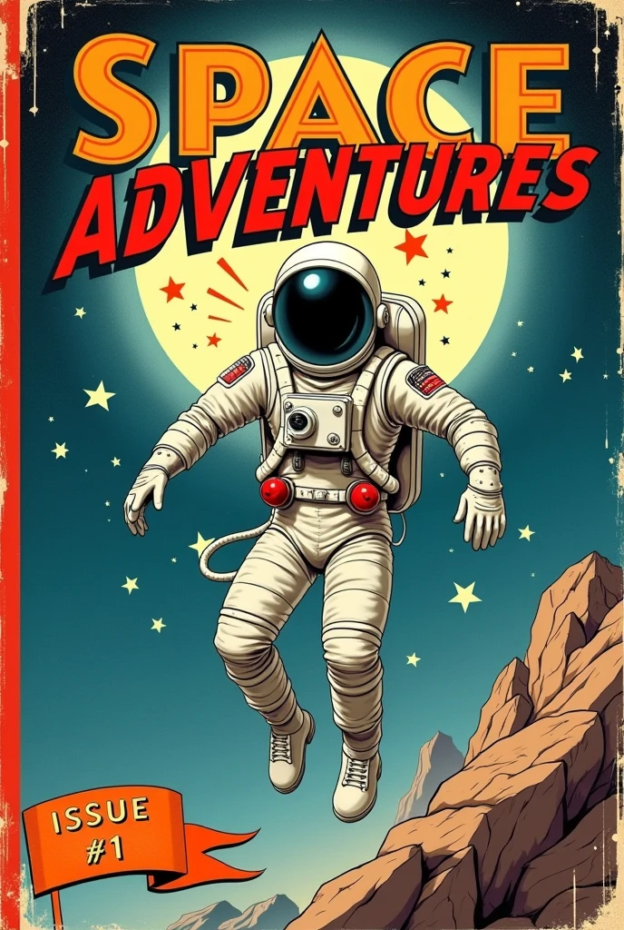  A vintage comic book cover showcasing a heroic astronaut in a classic, retro spacesuit, striking a dynamic pose in the foreground. The astronaut is floating against a dramatic, star-filled background, with a large, stylized full moon looming behind. The title at the top reads "Space Adventures" in bold, eye-catching letters typical of the era, while vibrant comic-style rays radiate from the astronaut, emphasizing action. The color palette is rich and bold, featuring deep blues and radiant whites, with classic halftone shading. A banner at the bottom highlights "Issue #1" in an ornate font, surrounded by small stars and planets. The overall atmosphere is adventurous and optimistic, capturing the spirit of 1940s science fiction comics