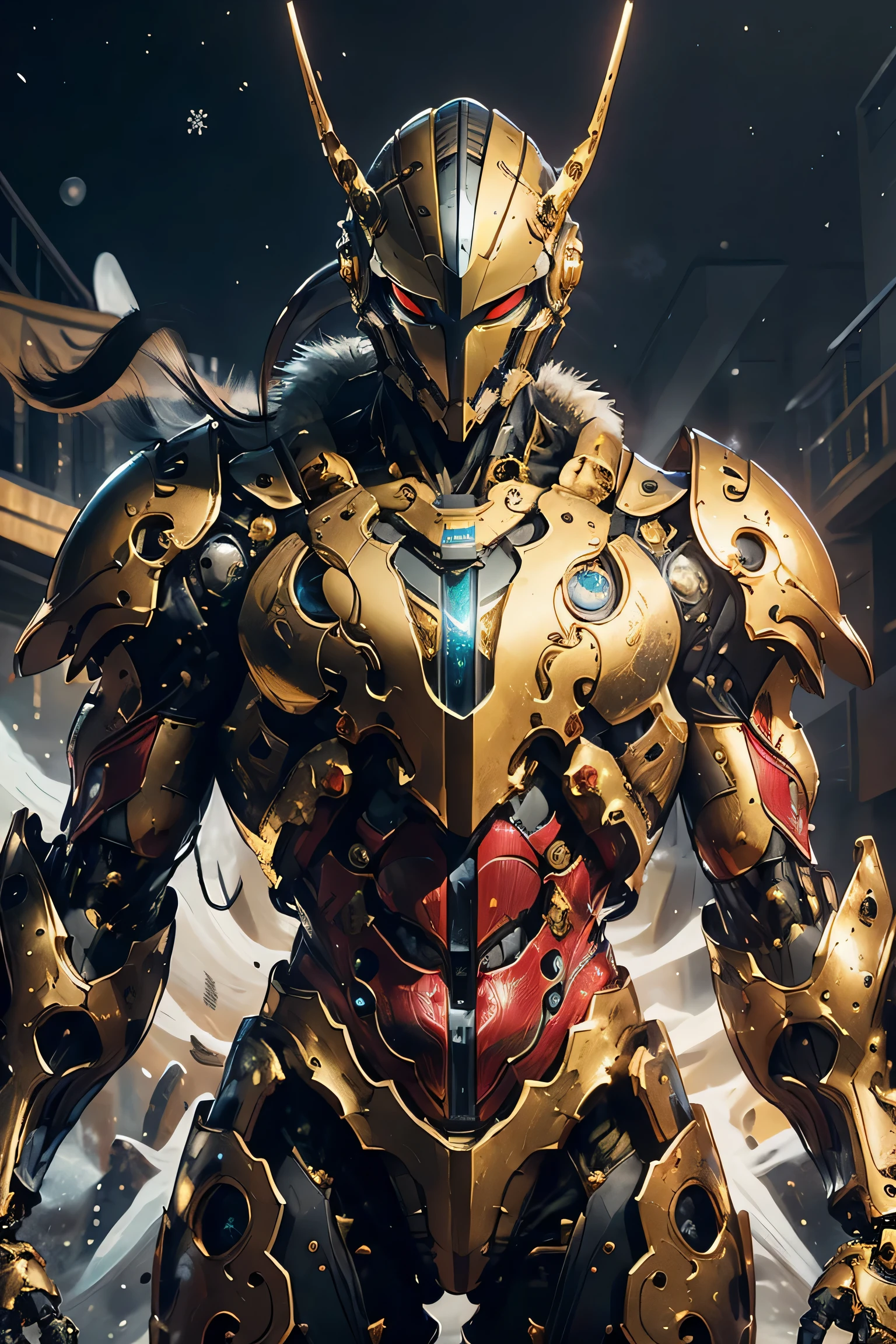 (( with large gold crescent moon symbol on forehead)), ((Sturdy Steel Armor )), (metallic: 1.5, yellow and red suit: 1.5, Machine parts are visible under the suit), (Japanese hero, whole body), (mech bodysuit with swords: 1.5), ((Swirling Cold Air : 1.5)), cyberpunk city, My eyes are shining brightly, Suit parts are large , Lots of LEDs, ( helmet with sharp antennas), Unreal Engine 5, High image quality,  best quality ,  Kampala, Super detailed, Fine painting,  extremely delicate , professional,  anatomically accurate , creativity, RAW Photos, 超 Kampala, 32K, Natural Light, Cinema Lighting, masterpiece-anatomy-perfect, masterpiece:1.5, ( portrait), (action pose), ((was a mecha)), (fur collar ), (Machine Face)