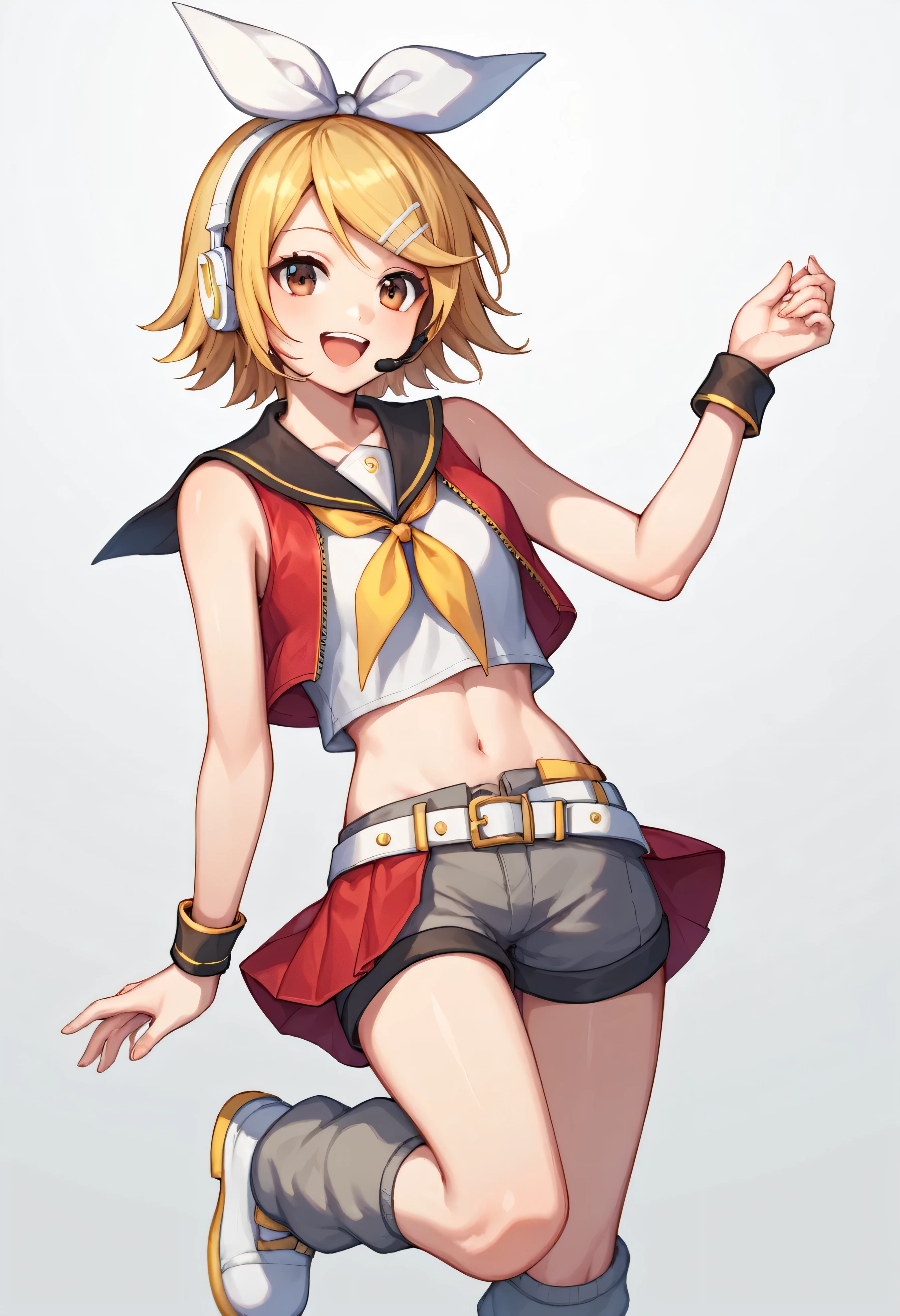  score_9,  score_8_up,  score_7_up, score_6_up,  score_5_up,  score_4_up ,  1 girl, Alone, Meiko, ( Brown Eyes :1.5), Brown Hair,  short hair,,  Barearm ,  crop top ,  jacket, abdomen, miniskirt, belly button, red  jacket, red skirt, skirt,  sleeveless,  sleeveless  jacket, Wrist cuff, rin kagamine,  blond hair ,  blue eyes , hair bow,  headset,  short hair,  headphones, Shoulder Bare, belt, black  sailor color , black  shorts, bow,  crop top ,   Detached Sleeves, Grey legwear, grey  shorts, Grey sleeves, hair bow,  Leg Warmers,   Neckerchief  ,  sailor color , , shirt, short  shorts, Short sleeve,  shorts, white bow,  White Footwear , white shirt, yellow   Neckerchief  , happy,  cowboy shot ,   simple background