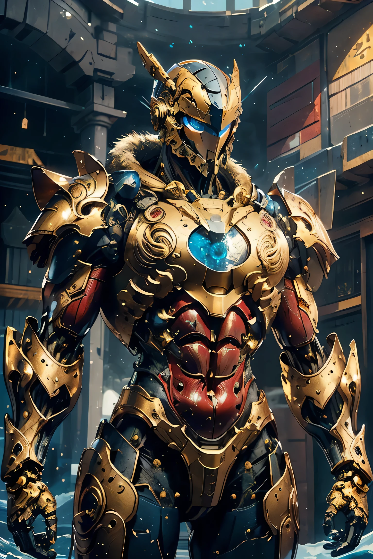 (( with large gold crescent moon symbol on forehead)), ((Sturdy Steel Armor )), (metallic: 1.5, yellow and red suit: 1.5, Machine parts are visible under the suit), (Japanese hero, whole body), (mech bodysuit with swords: 1.5), ((Swirling Cold Air : 1.5)), cyberpunk city, My eyes are shining brightly, Suit parts are large , Lots of LEDs, ( helmet with sharp antennas), Unreal Engine 5, High image quality,  best quality ,  Kampala, Super detailed, Fine painting,  extremely delicate , professional,  anatomically accurate , creativity, RAW Photos, 超 Kampala, 32K, Natural Light, Cinema Lighting, masterpiece-anatomy-perfect, masterpiece:1.5, ( portrait), (action pose), ((was a mecha)), (fur collar ), (Machine Face)