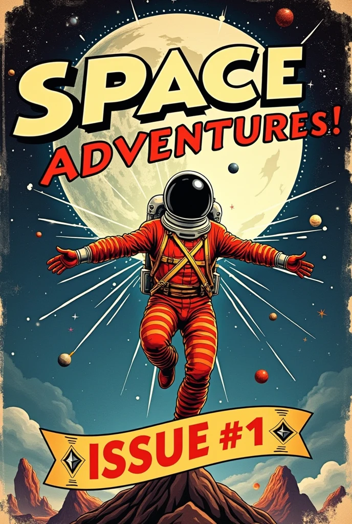 A captivating vintage comic book cover titled "Space Adventures" prominently features a heroic astronaut in a classic retro spacesuit. The astronaut strikes an action-packed pose in the foreground, arms outstretched as if soaring through the cosmos. The suit is adorned with retro sci-fi details, including bold stripes and a gleaming helmet that reflects the surrounding stars.

In the background, a dramatic, star-filled expanse stretches across the canvas, with vibrant bursts of color highlighting distant galaxies and twinkling celestial bodies. A large, stylized full moon looms majestically behind the astronaut, casting a silvery glow that enhances the sense of depth.

At the top of the cover, the title "Space Adventures" is emblazoned in large, bold, eye-catching letters, using a dynamic font characteristic of 1940s comics. Radiating comic-style rays extend from the astronaut, creating a sense of movement and excitement.

A decorative banner at the bottom of the cover proudly displays "Issue #1," rendered in an ornate, vintage font, surrounded by small planets, comets, and twinkling stars, evoking a sense of wonder and exploration.

The overall color palette is rich and vivid, incorporating deep blues, radiant whites, and pops of bright colors, with classic halftone shading that gives it an authentic vintage feel. The atmosphere is adventurous and optimistic, perfectly capturing the spirit of 1940s science fiction comics, with a hint of nostalgia for the golden age of space exploration