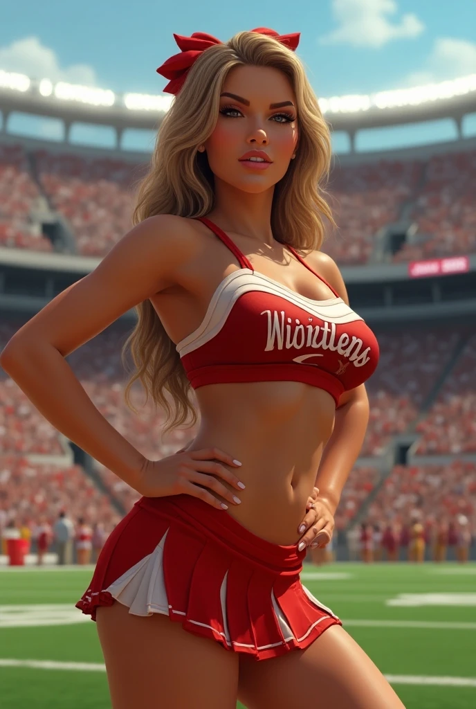 1girl, solo, looking at viewer, makeup, mid day, (realistic:1.2), (realism), (masterpiece:1.2), (best quality), (ultra detailed), (8k, 4k, intricate),(full-body-shot:1), (85mm), lighting, (highly detailed:1.2),(detailed face:1.2), (gradients), sfw, colorful,(detailed eyes:1.2)(detailed background),detailed, (dynamic angle:1.2), (dynamic pose:1.2), (rule of third_composition:1.3), (Line of action:1.2). American. Beautiful woman, large cleavage, cheerleader, blond hair, cute smile, football stadium background, red and white cheerleader outfit, full body view 