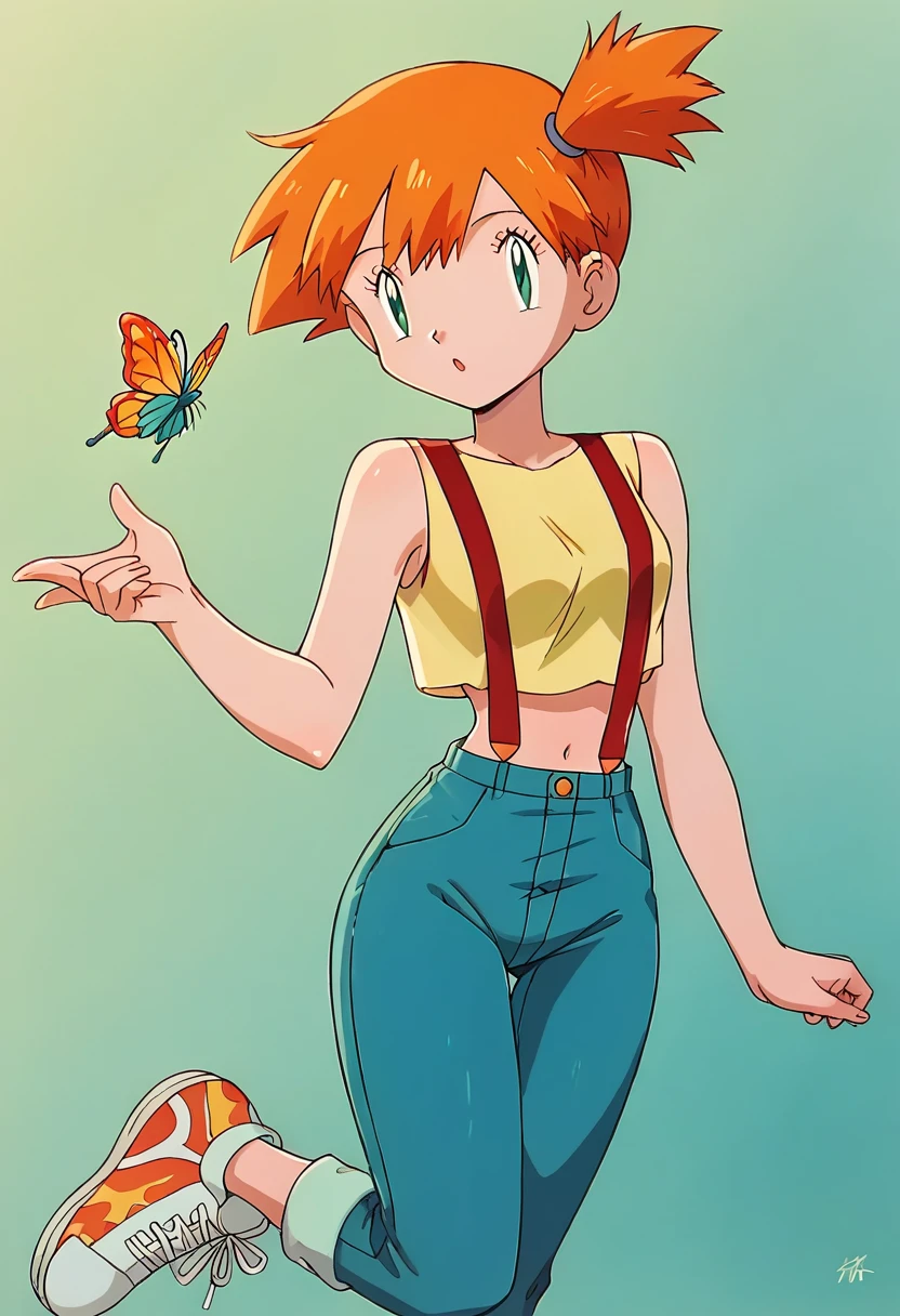 Wallpaper,masterpiece,High resolution,8K,
(Misty_Pokemon)
(Berry Short,Orange Hair,one side up hair,Big green eyes,Small breasts,Skinny)
(Yellow sleeveless T-shirt,Belly button exposed,Denim pants,Red suspenders,sneakers)
A Huge  butterfly, beautiful butterfree , simple background, colorful image, spring day,