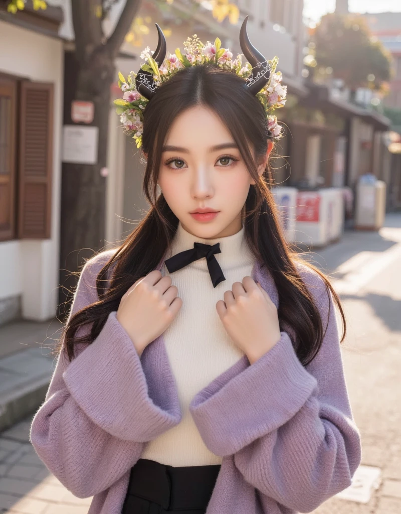A girl with brown eyes, honey colored wavy hair, with 6 wings, purple and lilac colored clothes and a yellow scarf around the neck.