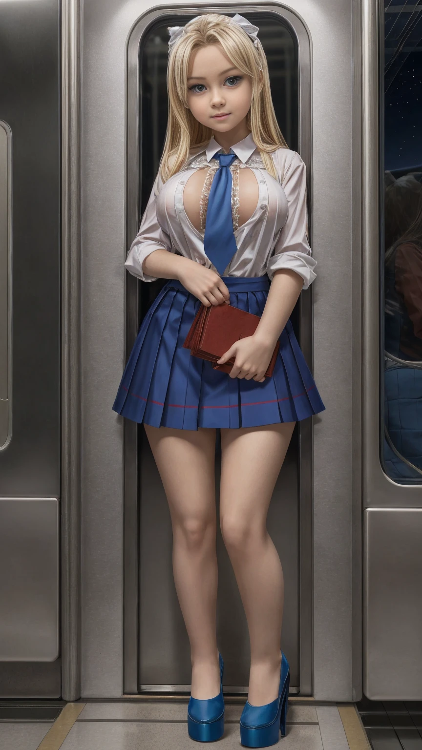 beautiful little six years old Russian school girl, long blonde straight hair, big breasts, baby face, tiny plaid blue skirt, white pantygose, nice breasts, tiny white blouse, blue tie, standing on the train at night, nice legs, big breasts, very thin, high heel shoes, baby face, full body, being harassed and groped on the train by an adult man.