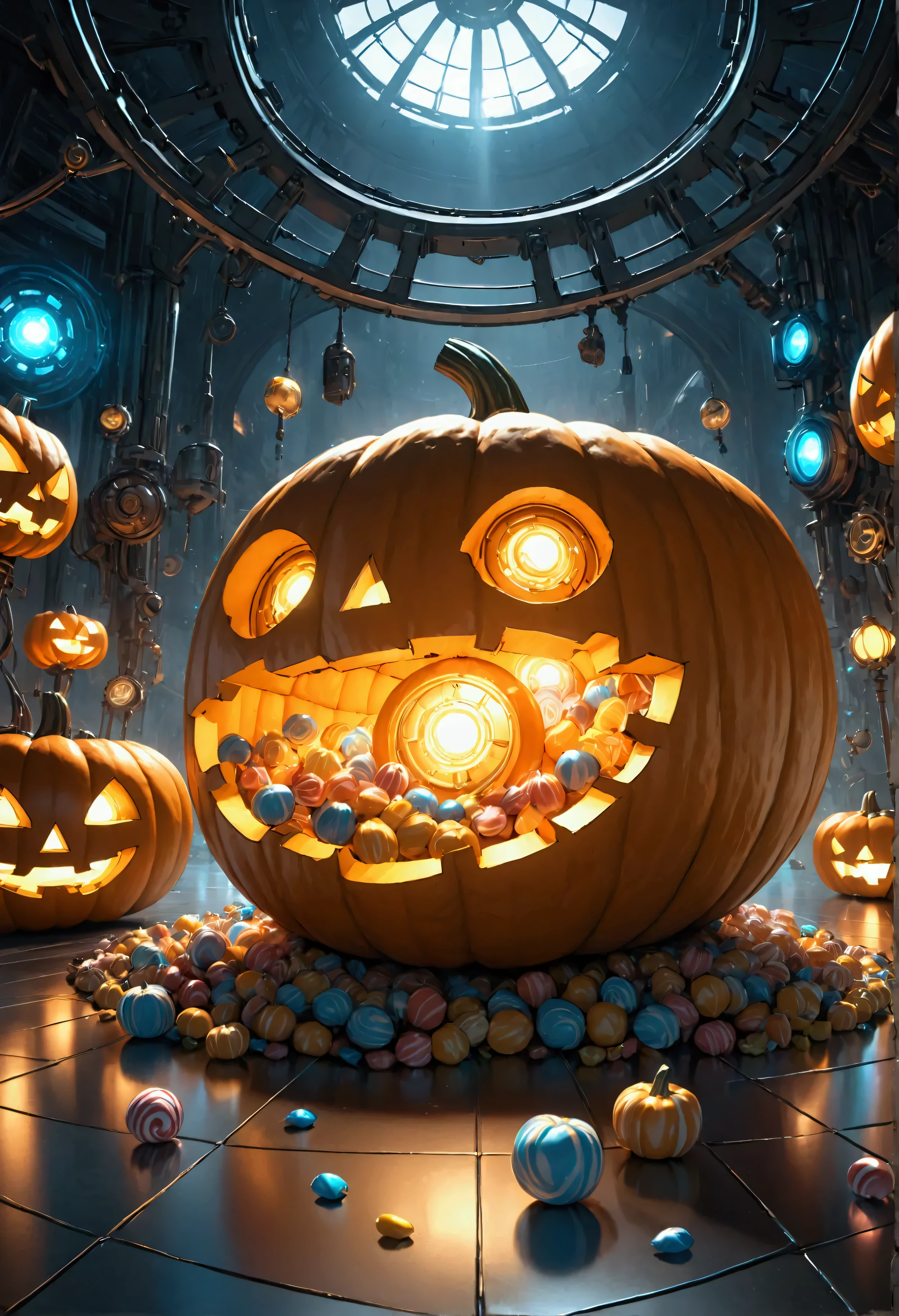 Piles of pumpkins\((machine-made), (mechanical:1.3), jack-o-lanterns\).Steampunk, light-emitting diodes, futuristic, cool style. BREAK  ,(floor covered with many candy\(futuristic, (glowing:1.3)\):1.3), BREAK ,quality\(8k,wallpaper of extremely detailed CG unit, high resolution, top-quality, top-quality real texture skin, hyper realistic, increase the resolution, RAW photos, best quality, highly detailed, the wallpaper,golden ratio,high saturation realism, vibrant colors, dramatic lighting, persuasive storytelling, atmospheric scenery, captivating visuals, intricate details, strong emotions,dreamlike world\),dynamic camera angle,from below,close up pumpkin