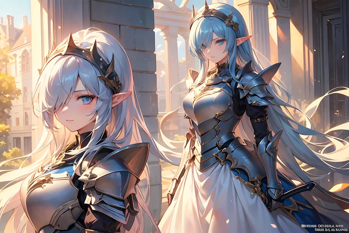 castle, medieval background, smile, Smiling, solo, 1girl, soft smile, slender figure, slim, young girl, short height, full cheeks, skinny, short height, Sexy, Beautiful composition, beatiful face, handsome body (Body Full 1.1.), Beautiful figure, in full height (Body Full 1.1.), closed mouth, Digital Art, sexypose, small-sized breasts, High Elf Knight(Body Full 1.1) elf, (Dark Blue eyes:1.5), white hair, long hair, braid on hair, silver hair, Knight, Beautiful figure, beautiful breasts, (Fullness of the body.1,1) silver hair, Hair between the eyes, hairlong, straight hair, pointed ears, long ears, side locks, bangs, Asymmetrical Clothing, elf, (Masterpiece:1.2), Best Quality, High Resolution, Unity 8k Wallpaper, (illustration:0.8), (beautiful detail eyes:1.6), extremely detailed face, perfect lighting, extremely detailed CGI, (perfect arms, perfect anatomy), epic composition, plate armor, knight armor, full armor, silver gold armor, spear in hand, hair braid on head, braid, tress, tress on head, golden spear, looking at viewer, necklace, cleavage, half body, half-body