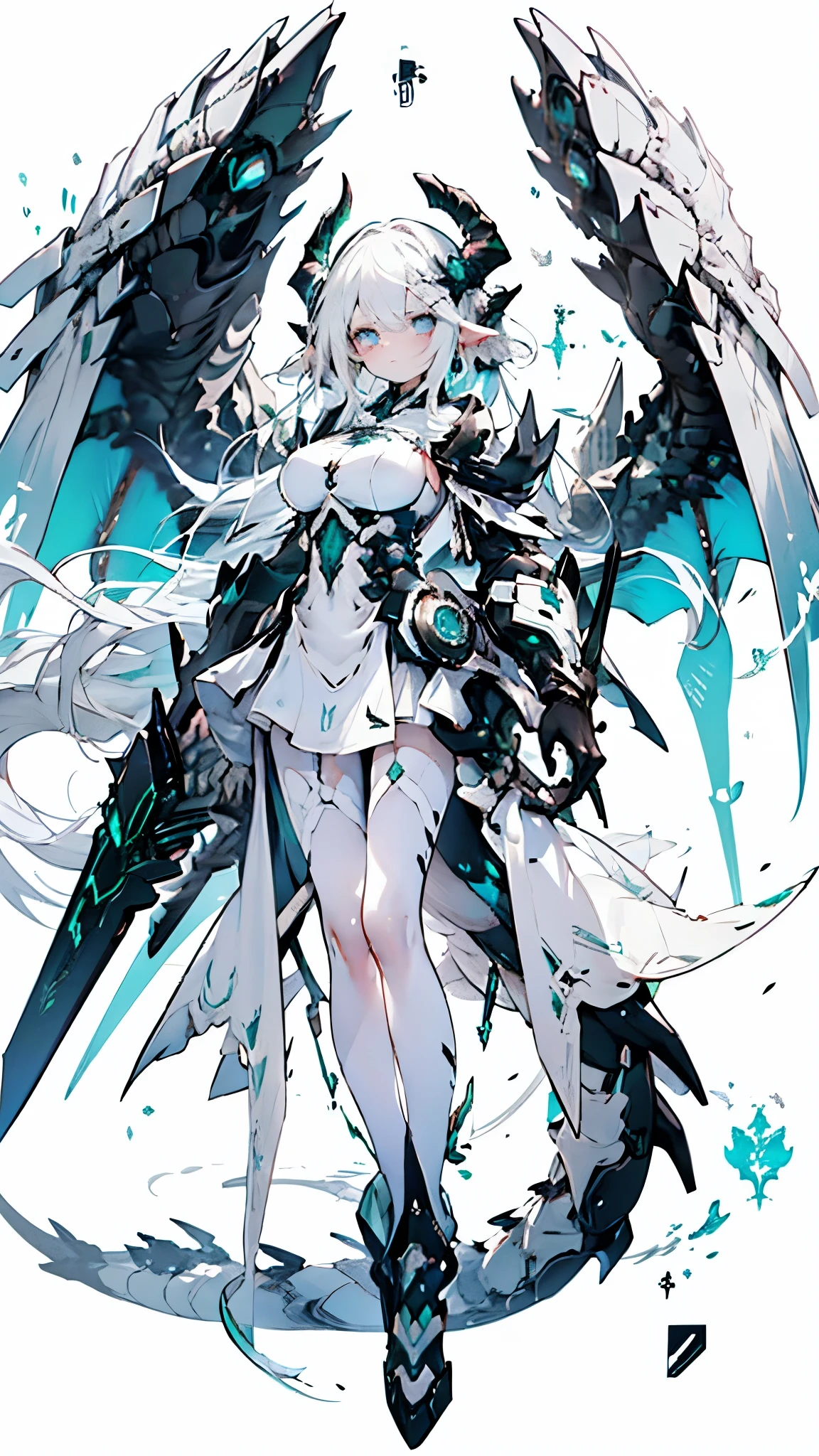 White hair, blue eyes, Celestial dragon, black horn, gigantic white and emerald-green dragon wing, knight, duel sword, Turret around her, War theme
