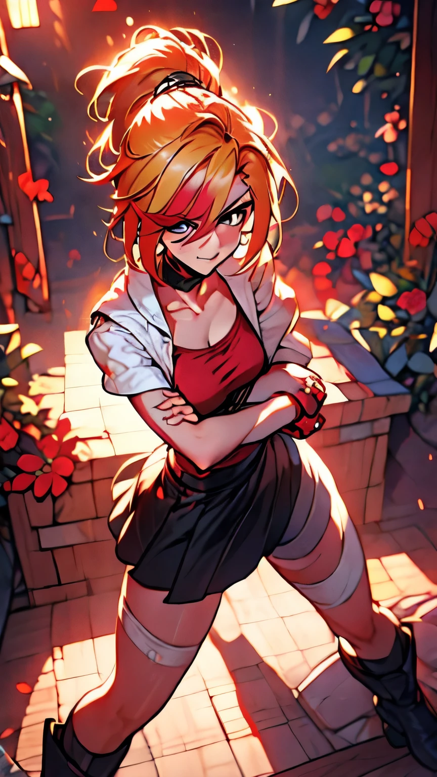 (best quality:1.2),solo,1girl,mdrin,smile,looking at viewer,crossed arms,ponytail,v-shaped eyebrows,white jacket,red shirt,fingerless gloves,black skirt,choker,illustration,floral garden background,warm color tones,soft lighting, Hair over one eye, ultra long hair, standing on hooftop, long boots