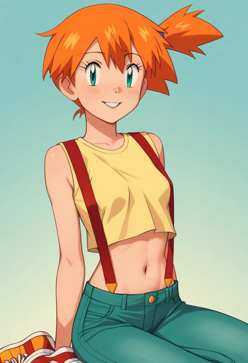 Wallpaper,masterpiece,High resolution,8K,
1 girl, solo, misty \(pokemon\)
(Berry Short,Orange Hair,one side up hair, aqua eyes,Small breasts,Skinny)
(Yellow sleeveless T-shirt,Belly button exposed,Denim pants,Red suspenders,sneakers)
A Huge  butterfly, beautiful butterfree , simple background, colorful image, spring day