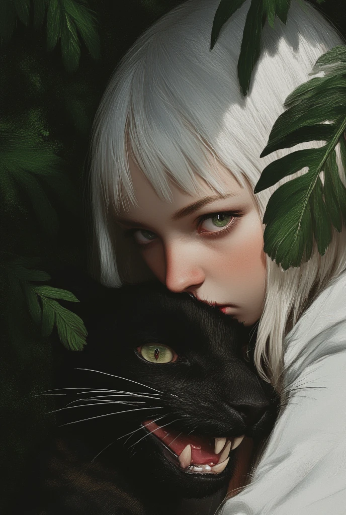 mj_animated_ portrait of a woman with straight silver hair  ,   her intense gaze like a black panther rests beside her,  the dark background of the jungle highlights the mystery  .