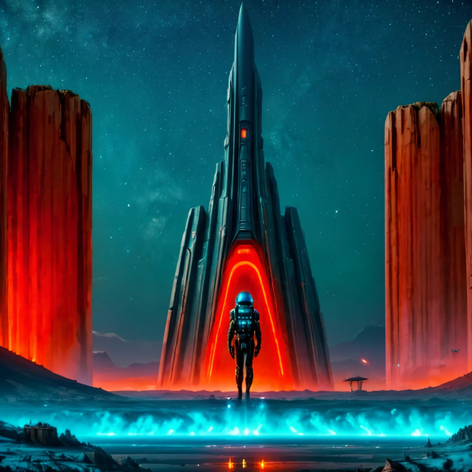 a colony of space colonists on a distant alien planet, stunning detailed landscape, massive alien architecture, glowing neon cityscape, advanced futuristic technology, beautiful detailed characters, breathtaking alien ecosystem, dramatic lighting, cinematic composition, vibrant colors, intricate details, photorealistic, hyper detailed, 8k, masterpiece