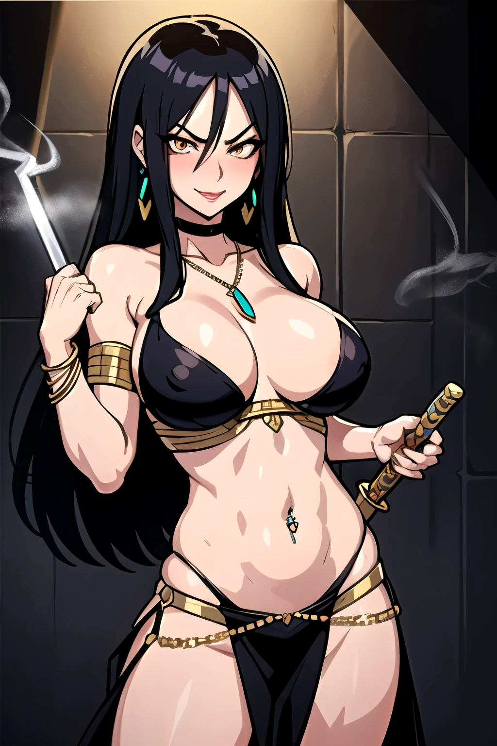 minazukikyouko, black hair,  necklace, earrings, large breasts, long hair,, blush, lipstick, Hot girl, baddie, staring, glaring, bad attitude, mean girl, crazy, smoking, sensual, attractive, masterpiece, best quality, highly detailed ,glint,halterneck,gold_choker, complex detailed background,
inside, stone wall, ancient interior, ancient egyptian room, hieroglyphs, dark lighting, dark
atmosphere, (cowboy shot), holding a sword, sword, belly_chain,harem_outfit,navel, necklace,
pelvic_curtain,revealing_clothes, veil，masterpiece,best quality,1girl,mature,evil smile, smile,
female,mature,necklace,pendant, (nsfw) not safe for work, exposed belly, exposed navel, exposed
midriff, exposed lower belly, navel piercing