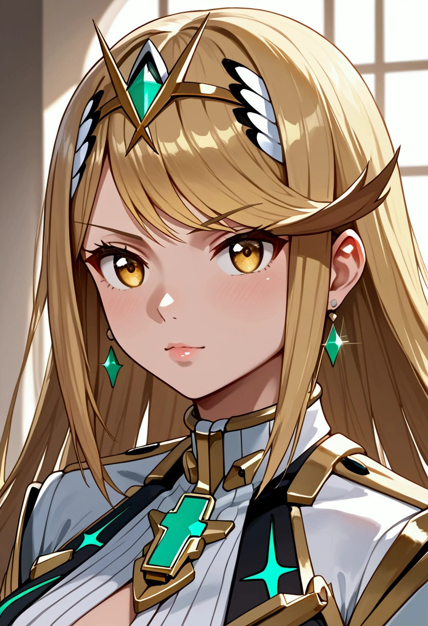 socre_9, score_8, source_anime,(masterpiece), best quality, expressive eyes, perfect face, alternate outfit, alternative custome, 1girl, solo mythra \(xenoblade\), 1girl, yellow eyes, swept bangs, long hair, very long hair, blonde hair, headpiece, tiara, earrings, gem, (((alternate outfit))),