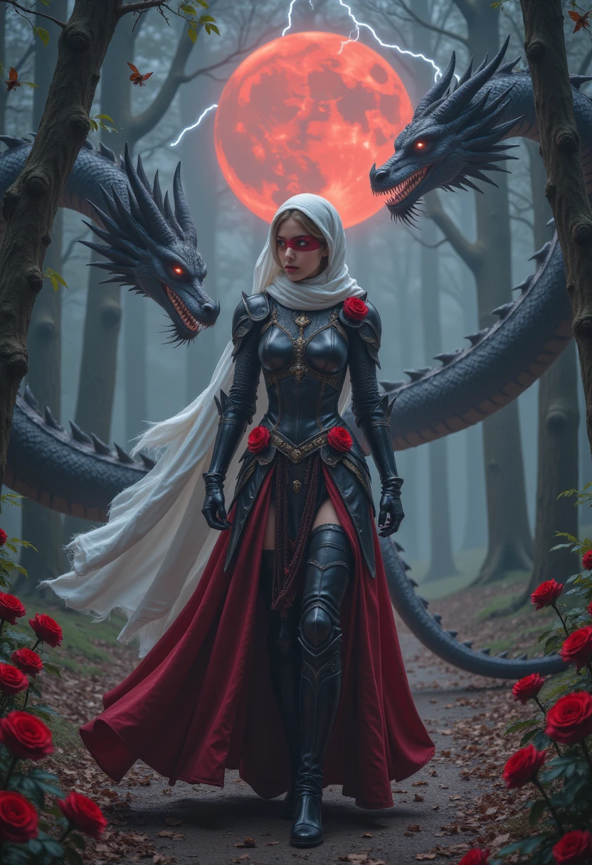 A female knight in a white hood,dragon,walks with dragons in a moonlit forest,roses in full bloom,lightning falling from the sky. Only the woman wears a red blindfold. The background is a blood moon,a tree falling on the road. The forest is full of leaves. The woman's armor is black and decorated with red roses. The sky is full of stars. The knight looks thoughtfully at the sky. The misty forest.,
