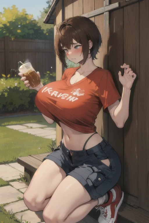 1boy, male focus, solo, brown hair, shaggy hair, midriff peek, v neck shirt, cargo shorts, sneakers, massive breasts:1.9,  breast expansion, betaut, (breast_inflation), blushing, (aroused), backyard, besequence:1.8