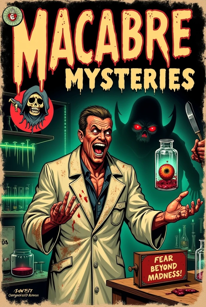 A comic book cover styled in the 1940s horror comics tradition, inspired by classic EC Comics designs. The layout features a sinister, vintage appearance with bold, contrasting colors like deep crimson, toxic green, and faded yellows. The central illustration depicts a deranged scientist, wearing a tattered and bloodstained lab coat, grinning maniacally as he holds a jar containing a grotesque, floating eyeball. His other hand is grasping an old-fashioned scalpel, dripping with blood. He stands in a dimly lit laboratory filled with cobweb-covered equipment, flickering neon-green lights, and shelves lined with bubbling beakers. In the background, a shadowy, monstrous figure with sharp claws and glowing red eyes lurks ominously.

The title reads "Macabre Mysteries" in large, jagged lettering that appears to be oozing downwards, with a tagline below that states, “Fear Beyond Madness!” The cover includes other elements typical of vintage horror comics: a small, circular frame in the corner featuring a skeletal "Gravekeeper" host with a tattered hood, grinning and pointing ominously.

The artwork is stylized with heavy ink lines, distressed edges, and halftone dots to mimic old comic printing techniques. The colors are slightly muted and uneven, with areas of faded or bleeding ink to give the impression of a worn-out, decades-old cover. The overall vibe should evoke a sense of eerie nostalgia and unsettling, grotesque horror