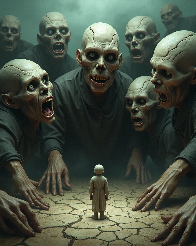 A enclosed, suffocating space, where the air is thick and thick with despair. Against a far wall, a multitude of shadows huddle, their torn and bloodied bodies clinging to any surface in a desperate attempt to escape. Their faces, contorted by agony, reflect indescribable suffering.