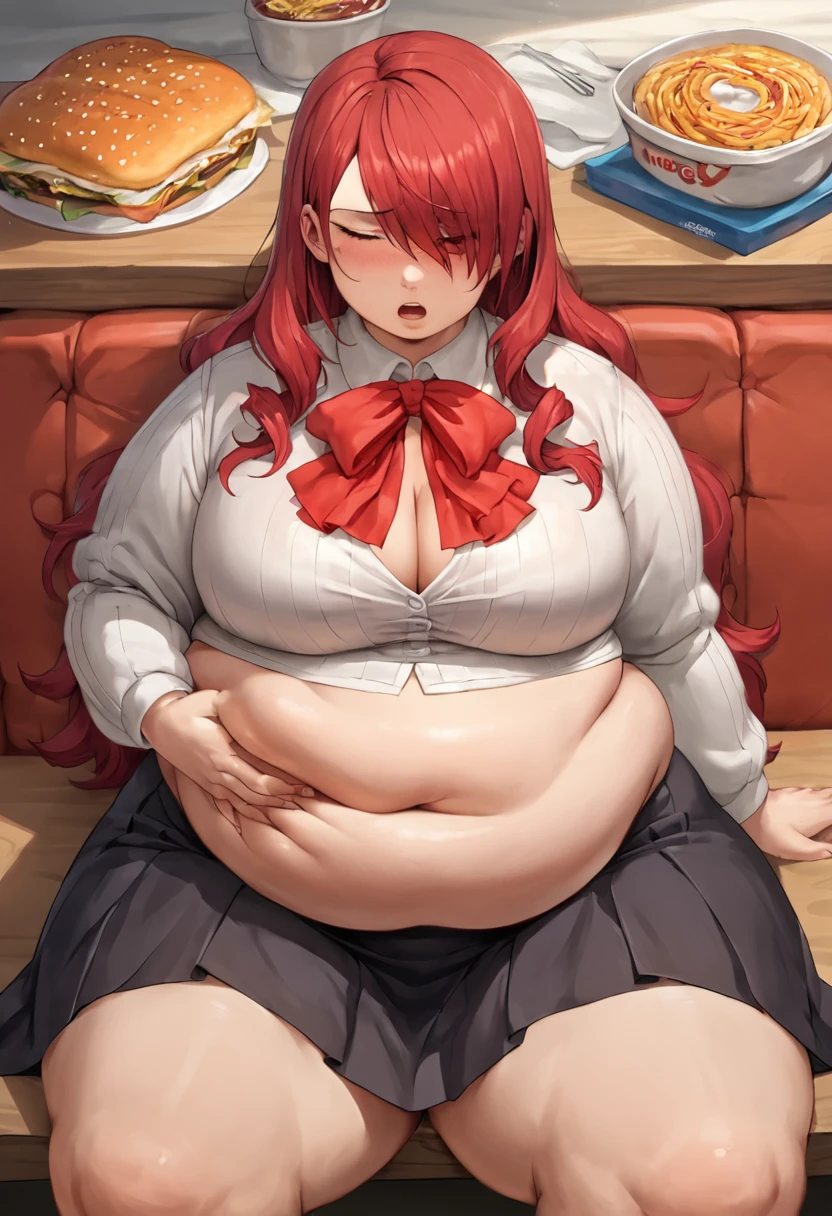 score_9, score_8_up, score_7_up, source_anime, solo, 1girl, kirijodef, hair over one eye, gekkoukan high school uniform, white shirt, long sleeves, red bow, black skirt, mcdonalds, sitting, table, morbidly obese, she has a massive jiggly round fat belly, wide hips, chubby, very curvy, pudgy belly, heavy belly, thick, thick, soft belly, large_breasts, cleavage, sexy hips, grabbing belly, heavy cleavage, legs spread apart, tight clothes, ((massive hips)), (big belly), big breasts, chubby arms, moaning, eyes_closed ,blushing, night,