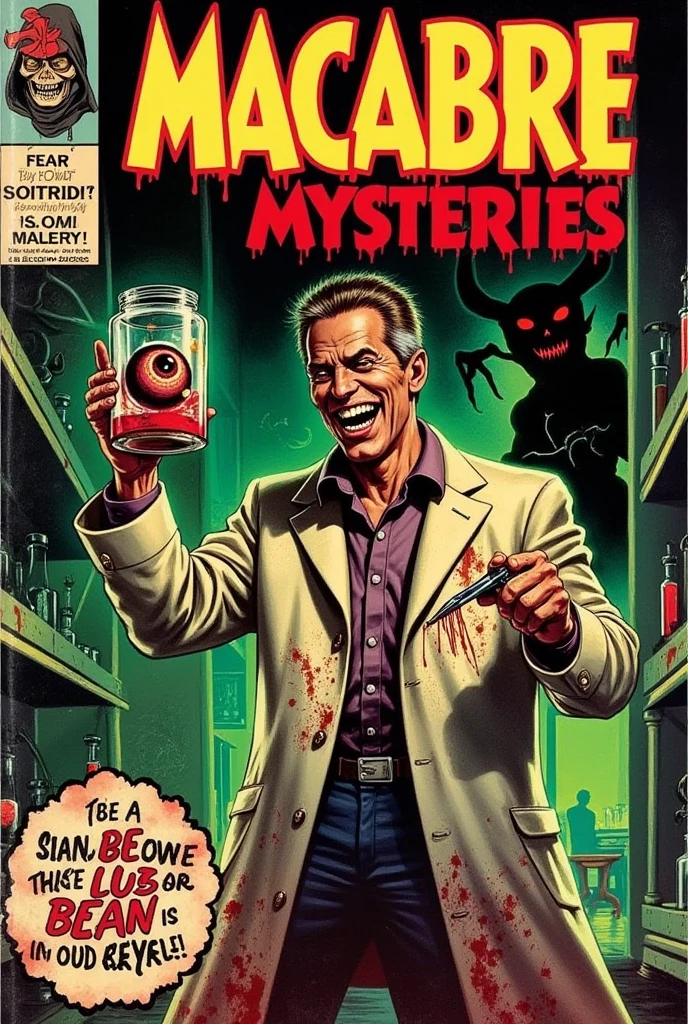 A comic book cover styled in the 1940s horror comics tradition, inspired by classic EC Comics designs. The layout features a sinister, vintage appearance with bold, contrasting colors like deep crimson, toxic green, and faded yellows. The central illustration depicts a deranged scientist, wearing a tattered and bloodstained lab coat, grinning maniacally as he holds a jar containing a grotesque, floating eyeball. His other hand is grasping an old-fashioned scalpel, dripping with blood. He stands in a dimly lit laboratory filled with cobweb-covered equipment, flickering neon-green lights, and shelves lined with bubbling beakers. In the background, a shadowy, monstrous figure with sharp claws and glowing red eyes lurks ominously.

The title reads "Macabre Mysteries" in large, jagged lettering that appears to be oozing downwards, with a tagline below that states, “Fear Beyond Madness!” The cover includes other elements typical of vintage horror comics: a small, circular frame in the corner featuring a skeletal "Gravekeeper" host with a tattered hood, grinning and pointing ominously.

The artwork is stylized with heavy ink lines, distressed edges, and halftone dots to mimic old comic printing techniques. The colors are slightly muted and uneven, with areas of faded or bleeding ink to give the impression of a worn-out, decades-old cover. The overall vibe should evoke a sense of eerie nostalgia and unsettling, grotesque horror