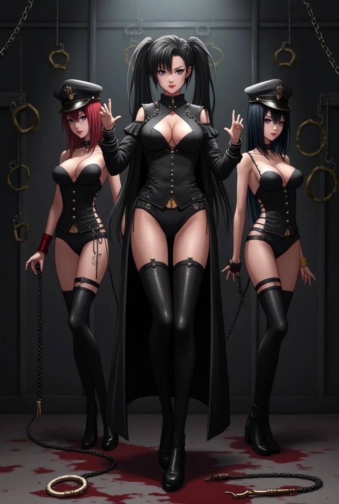 Masterpiece, dynamic shot, (multiple female characters), A picture of beautiful succubus on a leash in a crowd of sexy nuns around , nuns, succubus, beautiful demon girl, horror, dark, sexy, rough domination, domination, on a leash, bdsm, golden chains, (golden leash), collar, golden collar, beautiful bodies, slim, horror style, highly detailed faces, (silk underwear), stockings, leather tight boots, closeup