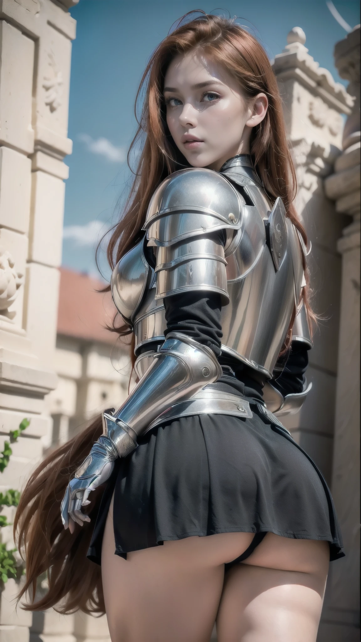 ((A red-haired warrior, from the back, wearing a short skirt at her butt, showing her butt, shot from below, wearing plate armor, steel gauntlets, steel gloves and steel cuirass, looking back, wearing a skirt)), very detailed skirt, (she doesn't wear underwear, skirt showing big stuffed, pert, round ass, pussy showing, smooth pussy showing from below, (skirt up), wind lifting skirt, sexy possession), medieval fantasy, d&d, RPG, masterpiece, best quality, 8K, ultra realistic. The most desired girl in the world has transcendental beauty, with expressive eyes, light green eyes, arched eyebrows, sensual lips and radiant skin. Her facial structure is symmetrically perfect, with delicately sculpted cheekbones and a refined chin. body proportions, (Chapped lips:1.4), (blush de nariz:1.2), foreshortening, black cuts, (eye contact), High contrast, ultra high resolution, high resolution, detailed, rosto limpo,  (rosto sensual:1.5), (Grandes olhos roxos:1.2), (olhos ultra detalhados:1.4), (Olhos de alta resolução:1.1), (textura de pele ultra detalhada:1.4), PERSEPHONE, PERSÉFONE, Perséfone, (SFW:1.5),  (full body:1.8), (upper body up:0.3), (hyper realistic:1.4), (realistic:1.3), (best quality real texture skin), Detailed eyes, detailed face, 
