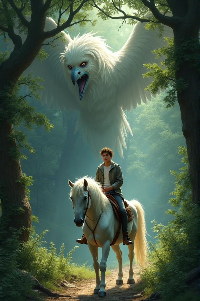 Young man is riding his white horse ,   when a bird with a woman's face stalks him up in the trees