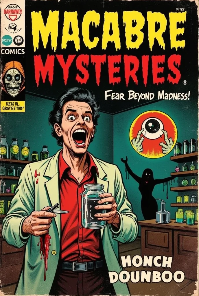 A comic book cover styled in the 1940s horror comics tradition, inspired by classic EC Comics designs. The layout features a sinister, vintage appearance with bold, contrasting colors like deep crimson, toxic green, and faded yellows. The central illustration depicts a deranged scientist, wearing a tattered and bloodstained lab coat, grinning maniacally as he holds a jar containing a grotesque, floating eyeball. His other hand is grasping an old-fashioned scalpel, dripping with blood. He stands in a dimly lit laboratory filled with cobweb-covered equipment, flickering neon-green lights, and shelves lined with bubbling beakers. In the background, a shadowy, monstrous figure with sharp claws and glowing red eyes lurks ominously.

The title reads "Macabre Mysteries" in large, jagged lettering that appears to be oozing downwards, with a tagline below that states, “Fear Beyond Madness!” The cover includes other elements typical of vintage horror comics: a small, circular frame in the corner featuring a skeletal "Gravekeeper" host with a tattered hood, grinning and pointing ominously.

The artwork is stylized with heavy ink lines, distressed edges, and halftone dots to mimic old comic printing techniques. The colors are slightly muted and uneven, with areas of faded or bleeding ink to give the impression of a worn-out, decades-old cover. The overall vibe should evoke a sense of eerie nostalgia and unsettling, grotesque horror