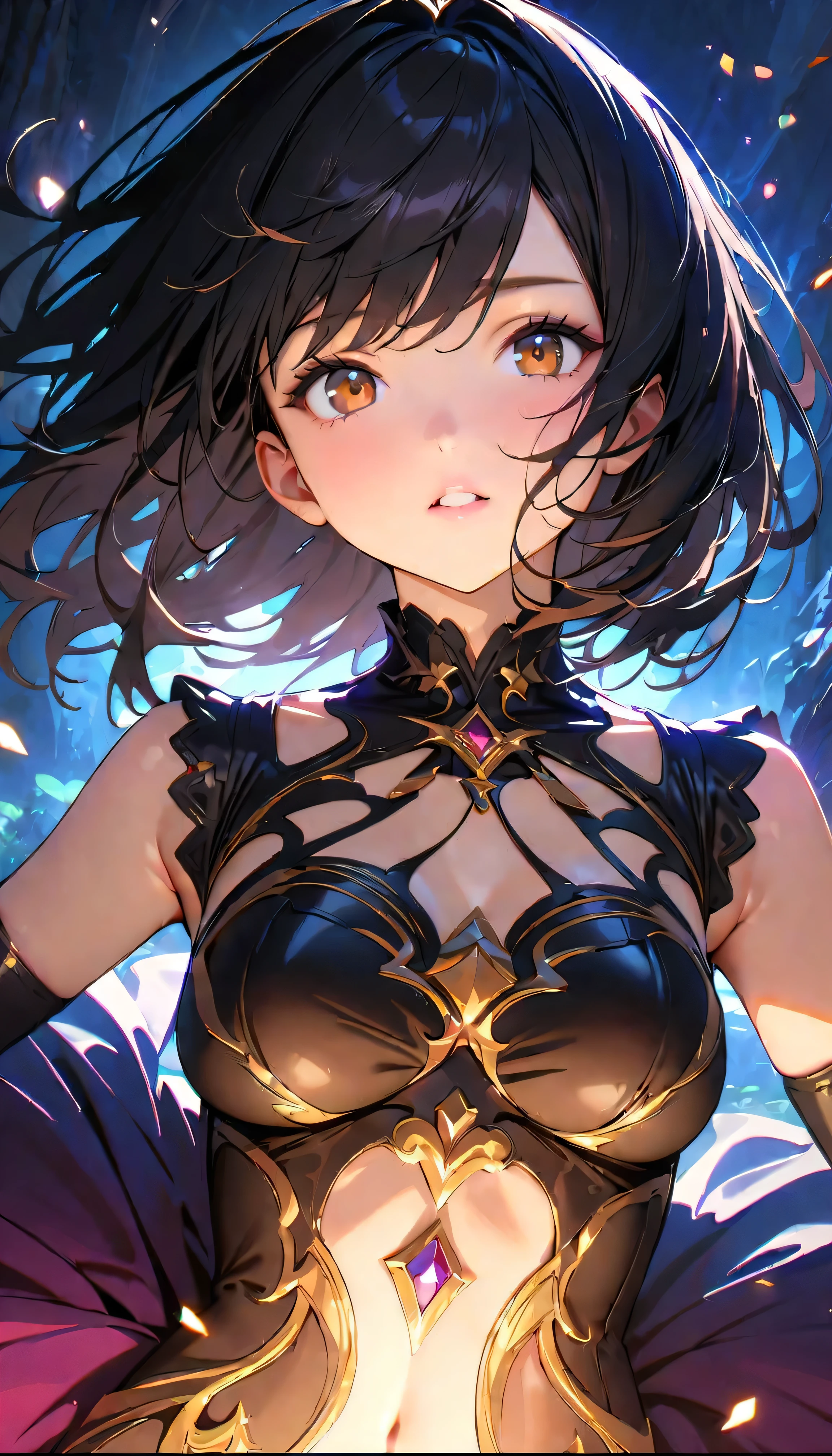 (Best Quality:1.2,  very detailed, up to date, Vibrant, masterpiece:1.2, Best Quality, Best aesthetics), (( front up shot:1.4)), 8K Ultra HD, Background Blur, One Woman, 8k,  very detailed, Beautiful Goddess, Backlight,  Brown Eyes , ( Best Shadow ),  absurd, (abyss), Beautiful sparkle, Mystical place,  fantasy, Another world, In the Dark, Reflection of light, Dynamic Angle, dress, Black Hair,  Dynamic Pose