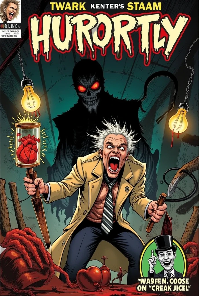 A comic book cover inspired by the 1940s horror comics tradition, evoking the chilling style of classic EC Comics. The cover features a dark, unsettling palette with deep reds, decaying greens, and shadowy blues. The central figure is a mad doctor, with a twisted grin and wild, unkempt hair. He wears a ragged, blood-spattered lab coat, holding a large jar containing a pulsating human heart connected to tubes and wires. In his other hand, he clutches a rusted surgical saw, dripping with fresh blood. The scene is set in a decrepit laboratory cluttered with vintage medical tools, broken glass beakers, and flickering old-fashioned light bulbs hanging from exposed wires.

In the dimly lit background, the shadow of a towering creature looms—its eyes glowing a hellish red, and its long, skeletal fingers reaching out menacingly. The comic’s title, "Horrific Tales," is in large, distressed lettering with dripping, blood-like accents, and the tagline reads, “Science Gone Mad!” A small, oval frame in the lower corner shows a sinister, skeletal figure in a top hat and tattered suit, grinning wickedly and tipping his hat to the reader.

The artwork uses thick, bold lines, heavy shading, and a slightly faded color scheme to evoke the texture of old comics. There are subtle aging effects such as worn-out edges, discoloration, and faint ink smears to add to the vintage feel, creating a haunting and nostalgic comic cover