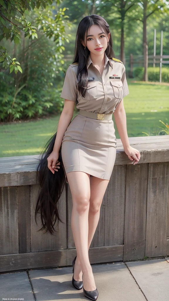 (( Full Body Image:1.5)), Khaki suit, Khaki civil servant, Thai teacher uniform:1.3, Two meters long hair, Long hair that catches the eye, Long black hair, Her hair is very long., Long, shiny hair, Long, thick, soft hair, Dynamic Post,  short-sleeved shirt สีกากี, Short pencil skirtสีกากี, Side slit,  decorated with a military insignia,  black high heels , The sexiest, Small waist, Hip lift, Small thighs, Long legs, ( Big Bust:1.5, Big breasts, Very big breasts, Eye-catching chest,  Giant Cleavage), Tight chest ,  pointed breast, สาวTwo meters long hair, Beautiful face,  red lips, Very shadowy, แต่งBeautiful face,  military insignia , Short pencil skirt, Tighten, Mini skirtพิเศษ, Mini skirtมาก, Mini skirt,  short-sleeved shirt , Tight, In the background, Blurry Garden., Holding a textbook, Big breasts:1.3, เสริมBig breasts,  perfect body ,  is anatomically correct, Height 172 cm , , walk, stand, sit with grace , ((Reiterates that it is a short-sleeved shirt.)), Tighten the tummy, ยืนข้างรถ big bike kawasaki ninja300