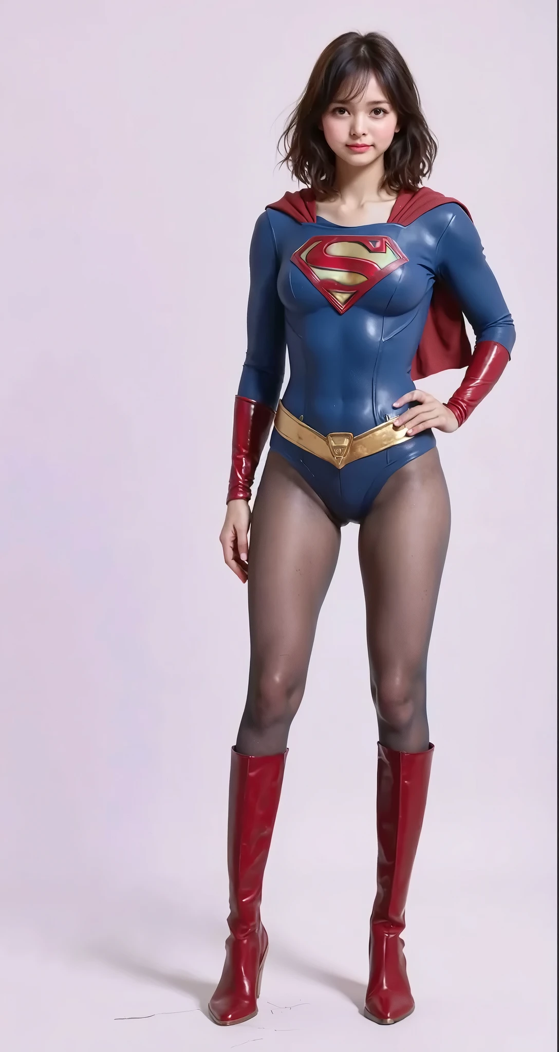 No background、(((Beautiful legs in black tights.)))、(((Legally express the beauty of your smile)))、((((Make the most of your original images)))、(((Supergirl Costume)))、(((Beautiful very short hair)))、(((suffering)))、(((Please wear black tights....、Wear red boots)))、((Best image quality、8K))、((Highest quality、8K、masterpiece:1.3))、(((Preserve background )))、Sharp focus:1.2、Beautiful woman with perfect figure:1.4、Slim Abs:1.2、Wet body:1.5、Highly detailed face and skin texture、8K