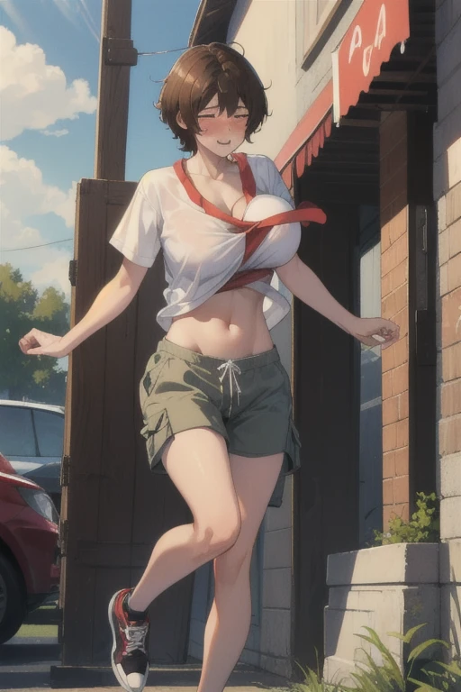 1boy, male focus, solo, brown hair, shaggy hair, midriff peek, v neck shirt, cargo shorts, sneakers, massive breasts:1.4,  breast expansion, betaut, (breast_inflation, breasts_up_floating, weightless, ascending), blushing, (aroused), backyard,