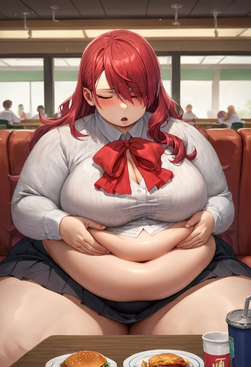 score_9, score_8_up, score_7_up, source_anime, solo, 1girl, kirijodef, hair over one eye, gekkoukan high school uniform, white shirt, long sleeves, red bow, black skirt, restaurant, burger , sitting, chair ,table, morbidly obese, she has a massive jiggly round fat belly, wide hips, chubby, very curvy, pudgy belly, heavy belly, thick, thick, soft belly, large_breasts, cleavage, sexy hips, grabbing belly, heavy cleavage, legs spread apart, tight clothes, ((massive hips)), (big belly), big breasts, chubby arms, moaning, eyes_closed ,blushing, viewed_from_side,