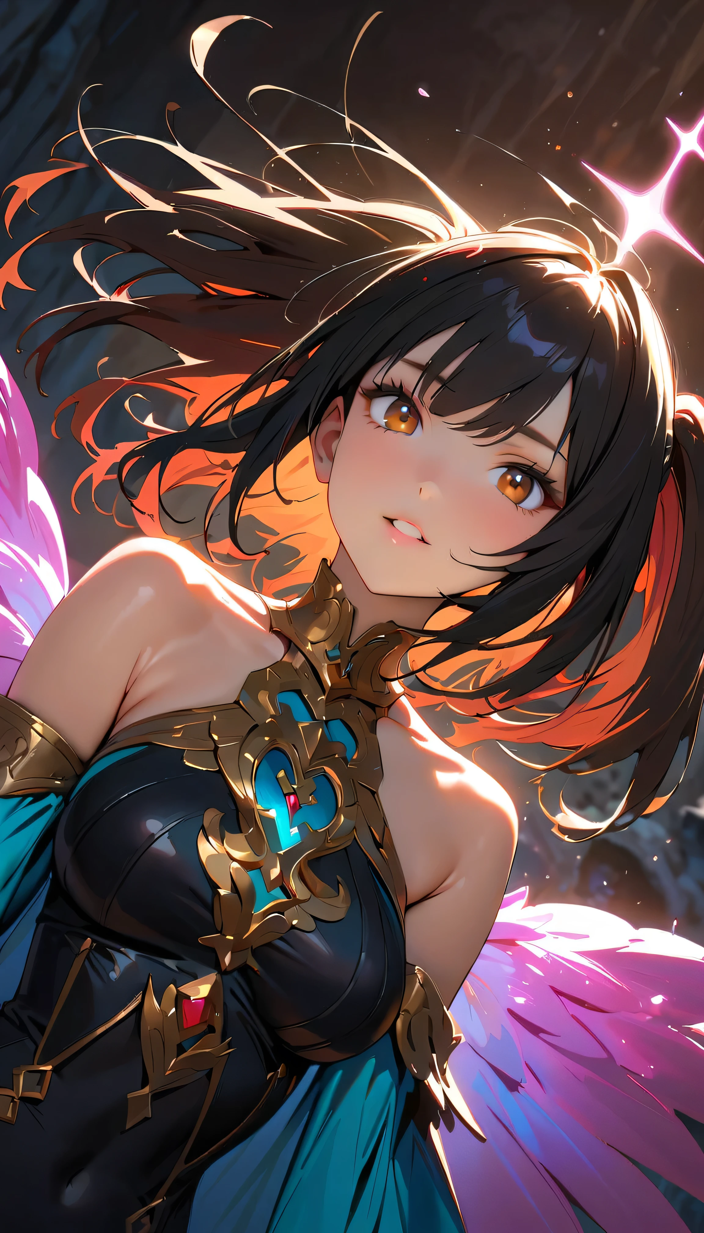 (Best Quality:1.2,  very detailed, up to date, Vibrant, masterpiece:1.2, Best Quality, Best aesthetics), (( front up shot:1.4)), 8K Ultra HD, Background Blur, One Woman, 8k,  very detailed, Beautiful Goddess, Backlight,  Brown Eyes , ( Best Shadow ),  absurd, (abyss), Beautiful sparkle, Mystical place,  fantasy, Another world, In the Dark, Reflection of light, Dynamic Angle, dress, Black Hair,  Dynamic Pose