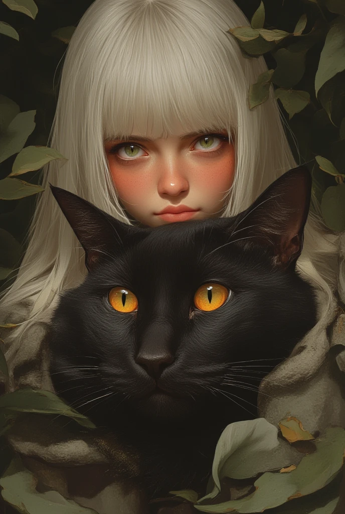 mj_animated_ portrait of a woman with straight silver hair  , his intense gaze like a big bare Egyptian cat hugging him, the dark background of the jungle highlights the mystery ,