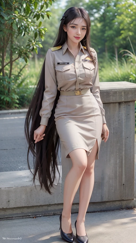 (( Full Body Image:1.5)), Khaki suit, Khaki civil servant, Thai teacher uniform:1.3, Two meters long hair, Long hair that catches the eye, Long black hair, Her hair is very long., Long, shiny hair, Long, thick, soft hair, Dynamic Post,  short-sleeved shirt สีกากี, Short pencil skirtสีกากี, Side slit,  decorated with a military insignia,  black high heels , The sexiest, Small waist, Hip lift, Small thighs, Long legs, ( Big Bust:1.5, Big breasts, Very big breasts, Eye-catching chest,  Giant Cleavage), Tight chest ,  pointed breast, สาวTwo meters long hair, Beautiful face,  red lips, Very shadowy, แต่งBeautiful face,  military insignia , Short pencil skirt, Tighten, Mini skirtพิเศษ, Mini skirtมาก, Mini skirt,  short-sleeved shirt , Tight, In the background, Blurry Garden., Holding a textbook, Big breasts:1.3, เสริมBig breasts,  perfect body ,  is anatomically correct, Height 172 cm , , walk, stand, sit with grace , ((Reiterates that it is a short-sleeved shirt.)), Tighten the tummy, ((ยืนข้างรถ big bike kawasaki ninja300))