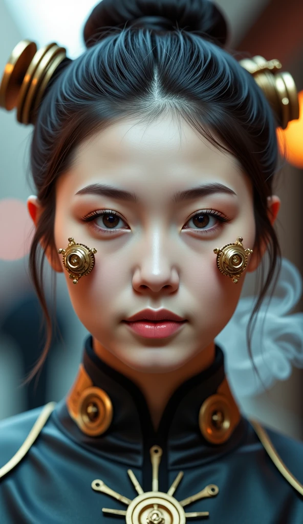 A close-up of a beautiful classical Chinese woman，Frontal shot，real，Girl 20 years old，steampunk style，Complex mechanical gears，Elaborate facial decoration，Brass color，With gold embellishment，A product of the last century，Smoke background，The Age of Steam，Background is punk elements，HD，8k，