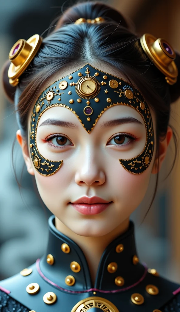 A close-up of a beautiful classical Chinese woman，Frontal shot，real，Girl 20 years old，steampunk style，Complex mechanical gears，Elaborate facial decoration，Brass color，With gold embellishment，A product of the last century，Smoke background，The Age of Steam，Background is punk elements，HD，8k，