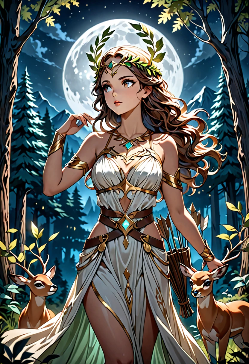 (((Best quality, 8k, Masterpiece: 1.3)), ((best quality)), ((masterpiece)), (detailed), perfect face, Artemis, the Greek goddess of the hunt, stands confidently in a lush, moonlit forest. She has flowing, wavy brown hair crowned with a wreath of laurel leaves. Her attire is a white, flowing chiton dress cinched with a golden belt, and she holds a silver bow in one hand, with a quiver of arrows slung across her back. Around her, a soft glow emanates from the full moon, illuminating the forest and casting shadows across ancient trees. A small doe stands at her side, gazing up at her, while distant mountains create a serene yet powerful backdrop. The atmosphere is mystical, capturing the essence of a huntress goddess at night.