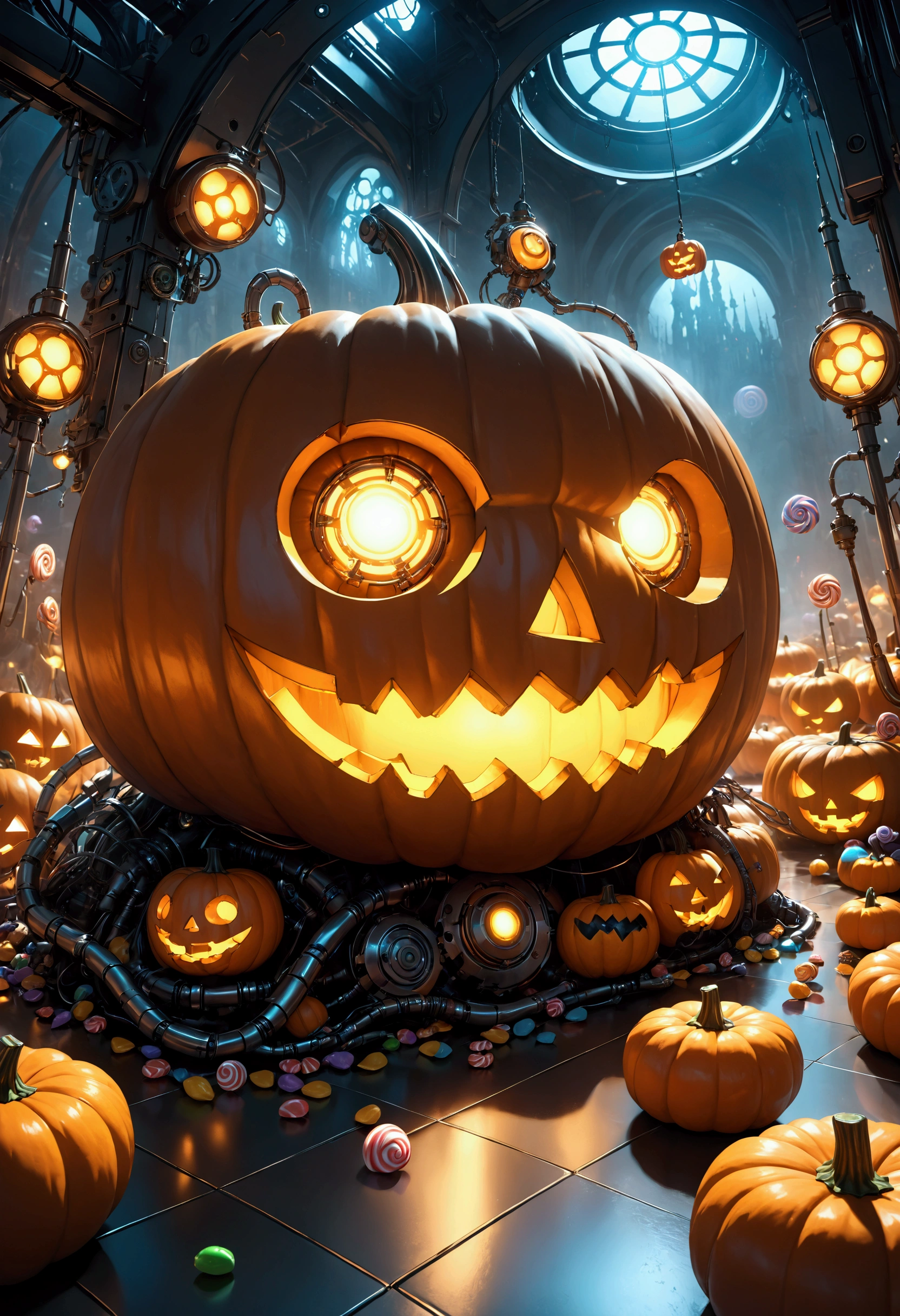 Piles of pumpkins\((machine-made), (mechanical:1.3), jack-o-lanterns\).Steampunk, light-emitting diodes, futuristic, cool style. BREAK  ,(floor covered with many candy\(futuristic, (glowing:1.3)\):1.3).background\(dark tawn of Halloween\), BREAK ,quality\(8k,wallpaper of extremely detailed CG unit, high resolution, top-quality, top-quality real texture skin, hyper realistic, increase the resolution, RAW photos, best quality, highly detailed, the wallpaper,golden ratio,high saturation realism, vibrant colors, dramatic lighting, persuasive storytelling, atmospheric scenery, captivating visuals, intricate details, strong emotions,dreamlike world\),dynamic camera angle,from below,close up pumpkin, (horror mood)