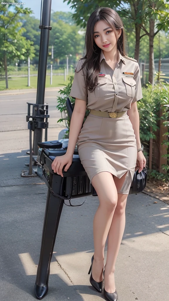 Beautiful girl with long hair, ((ยืนข้างรถ big bike kawasaki ninja300)):1.2, (( Full Body Image:1.5)), Khaki suit, Khaki civil servant, Thai teacher uniform:1.3, Two meters long hair, Long hair that catches the eye, Long black hair, Her hair is very long., Long, shiny hair, Long, thick, soft hair, Dynamic Post,  short-sleeved shirt สีกากี, Short pencil skirtสีกากี, Side slit,  decorated with a military insignia,  black high heels , The sexiest, Small waist, Hip lift, Small thighs, Long legs, ( Big Bust:1.5, Big breasts, Very big breasts, Eye-catching chest,  Giant Cleavage), Tight chest ,  pointed breast, สาวTwo meters long hair, Beautiful face,  red lips, Very shadowy, แต่งBeautiful face,  military insignia , Short pencil skirt, Tighten, Mini skirtพิเศษ, Mini skirtมาก, Mini skirt,  short-sleeved shirt , Tight, In the background, Blurry Garden., Holding a textbook, Big breasts:1.3, เสริมBig breasts,  perfect body ,  is anatomically correct, Height 172 cm , , walk, stand, sit with grace , ((Reiterates that it is a short-sleeved shirt.)), Tighten the tummy,