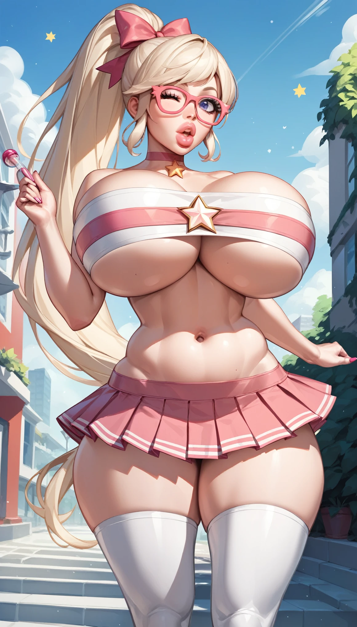 bmb-fc, sunny, bodycon dress, 1girl, face, woman , (masterpiece, best quality), 1girl, 18 years old, looking at viewer, no abs, ((idol pose)), platinum blonde hair, ((high and long ponytail hair)), plump lips, puffy lips, bimbo lips, wink, huge breast, hourglass figure, shocked face, (((exposed navel))), glasses, (((hot magical girl outfit))), white tight tube top, underboobs, ((star micro tube top)), ribbon on microskirt, pink pleated microskirt, choker, day, street, thighhighs,