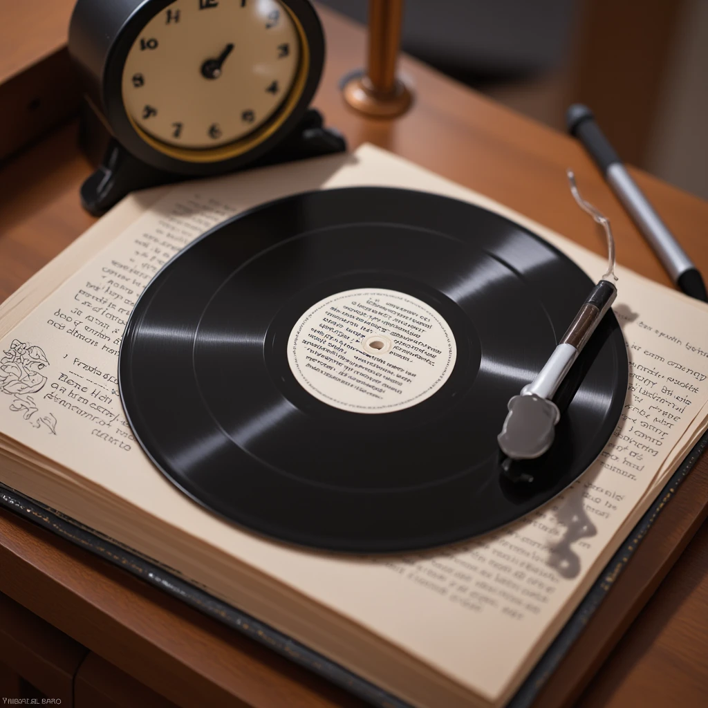  create a cover of a black and white acetate disc,  with an inkwell spilled on a book of poetry , In the background a classic clock with melted hands 