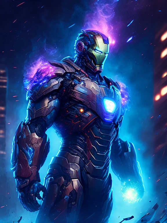 gloomy portrait of Zombie Iron Man from Marvel, extremely detailed, futuristic cityscape, nighttime, glowing neon lights, smoke, sparks, metal shavings, flying debris, blue energy effects, volumetric light