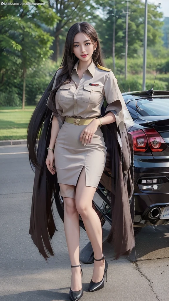 Beautiful girl with long hair,  Car Stand, ((motorcycle big bike, Kawasaki Ninja300 )):1.2, (( Full Body Image:1.5)), Khaki suit, Khaki civil servant, Thai teacher uniform:1.3, Two meters long hair, Long hair that catches the eye, Long black hair, Her hair is very long., Long, shiny hair, Long, thick, soft hair, Dynamic Post,  short-sleeved shirt สีกากี, Short pencil skirtสีกากี, Side slit,  decorated with a military insignia,  black high heels , The sexiest, Small waist, Hip lift, Small thighs, Long legs, ( Big Bust:1.5, Big breasts, Very big breasts, Eye-catching chest,  Giant Cleavage), Tight chest ,  pointed breast, สาวTwo meters long hair, Beautiful face,  red lips, Very shadowy, แต่งBeautiful face,  military insignia , Short pencil skirt, Tighten, Mini skirtพิเศษ, Mini skirtมาก, Mini skirt,  short-sleeved shirt , Tight, In the background, Blurry Garden., Holding a textbook, Big breasts:1.3, เสริมBig breasts,  perfect body ,  is anatomically correct, Height 172 cm , , walk, stand, sit with grace , ((Reiterates that it is a short-sleeved shirt.)), Tighten the tummy,