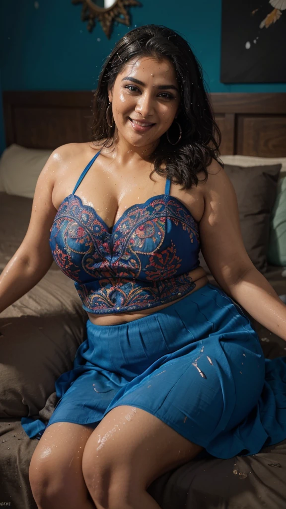 side by side shotindian aunty in blue net saree with a nice clevage and busty with chubby abs and big ass showing legs with a full studio light