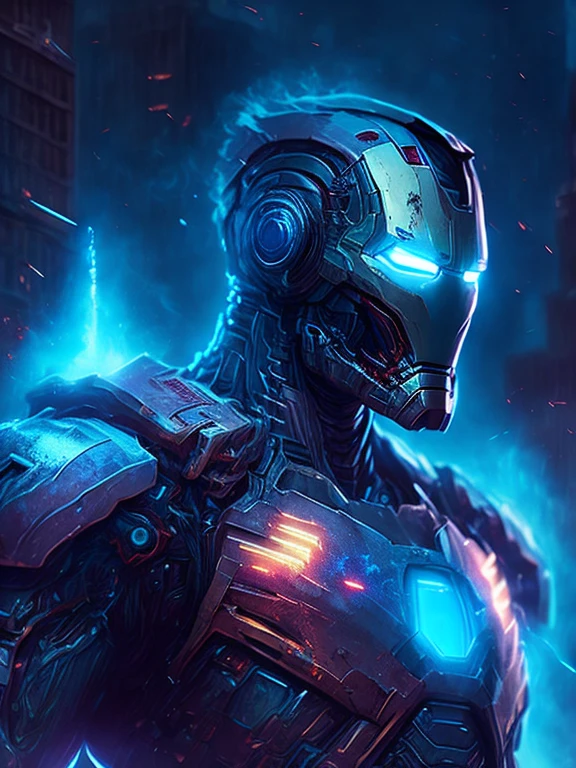 gloomy portrait of Zombie Iron Man from Marvel, extremely detailed, futuristic cityscape, nighttime, glowing neon lights, smoke, sparks, metal shavings, flying debris, blue energy effects, volumetric light