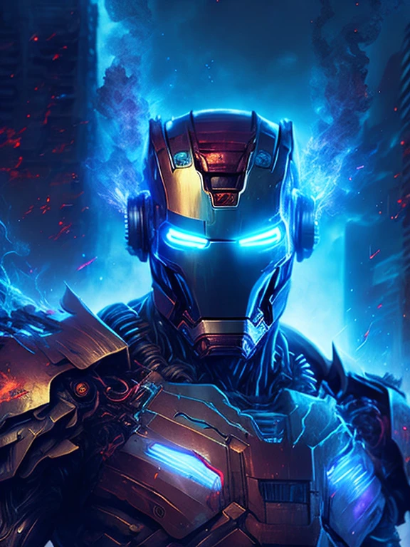 gloomy portrait of Zombie Iron Man from Marvel, extremely detailed, futuristic cityscape, nighttime, glowing neon lights, smoke, sparks, metal shavings, flying debris, blue energy effects, volumetric light